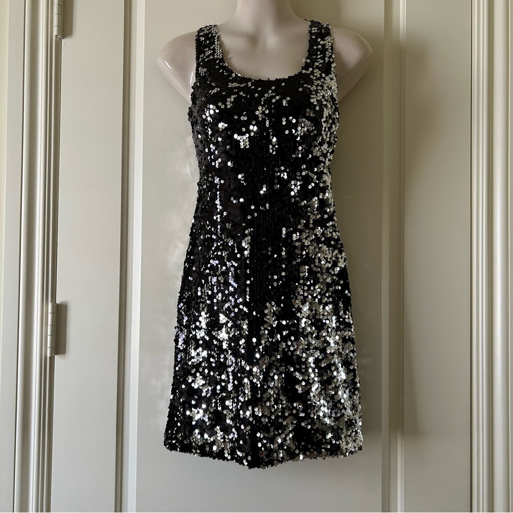 AS U WISH All-Over Black/Silver Sequin Cocktail Party Dress, Mini, Stretch, S